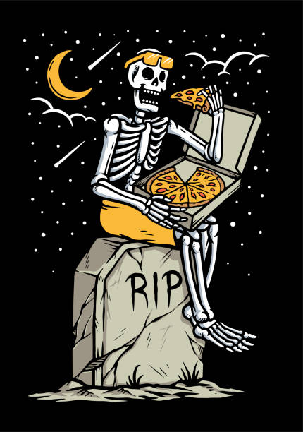 череп есть пиццу на могиле иллюстрации - human skeleton halloween skull human bone stock illustrations