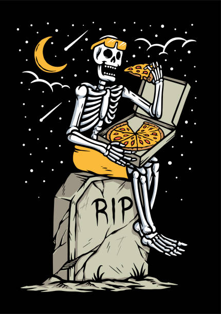 Skull eating pizza at grave illustration Skull eating pizza at grave human skeleton stock illustrations