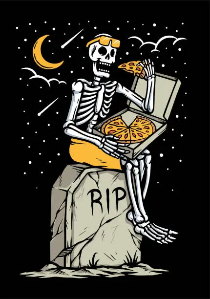 Vector illustration of Skull eating pizza at grave illustration
