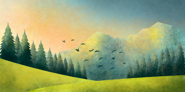 Watercolor grunge illustration of a summer landscape of forest and mountains at sunset Watercolor grunge illustration of a summer landscape of forest and mountains at sunset, as well as birds in flight birds flying in sky stock illustrations
