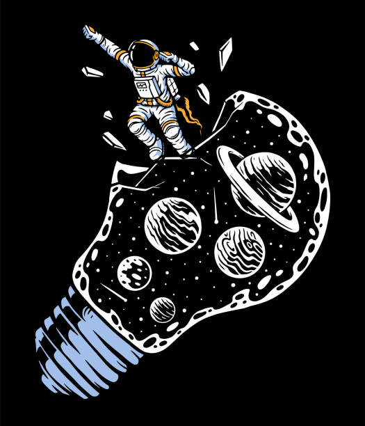 illustrazioni stock, clip art, cartoni animati e icone di tendenza di gli astronauti volano fuori dall'illustrazione dell'universo delle lampadine - flying vacations doodle globe