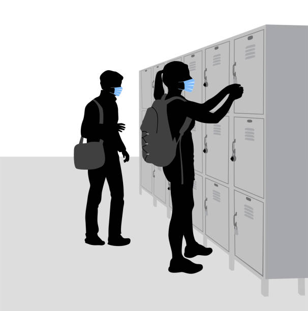Mask Wearing At High School Two high school students wearing face masks locker high school student student backpack stock illustrations