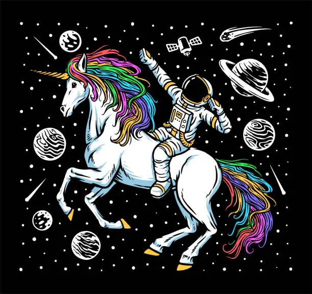Vector illustration of Astronaut and unicorn in space illustration
