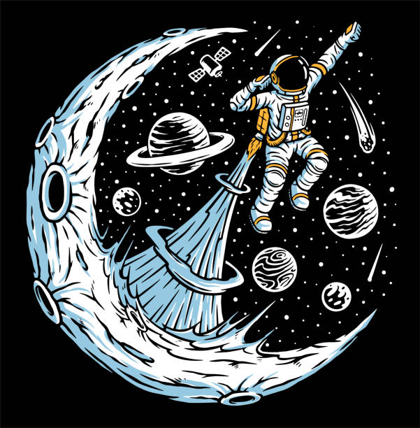 illustrazioni stock, clip art, cartoni animati e icone di tendenza di gli astronauti volano dalla luna nell'illustrazione spaziale - flying vacations doodle globe
