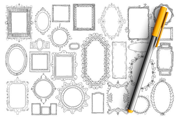 Mirrors and frames doodle set Mirrors and frames doodle set. Collection of hand drawn elegant vintage mirrors of different styles and shapes isolated on transparent background. Illustration of interior decorative accessories mirror object borders stock illustrations