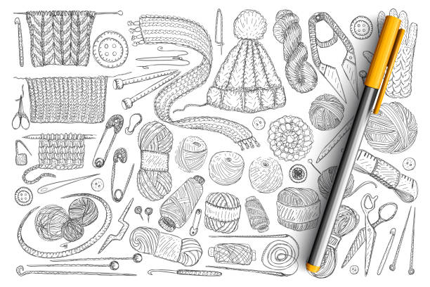 elementy do dziania zestawu doodle - wool scarf backgrounds knitting stock illustrations
