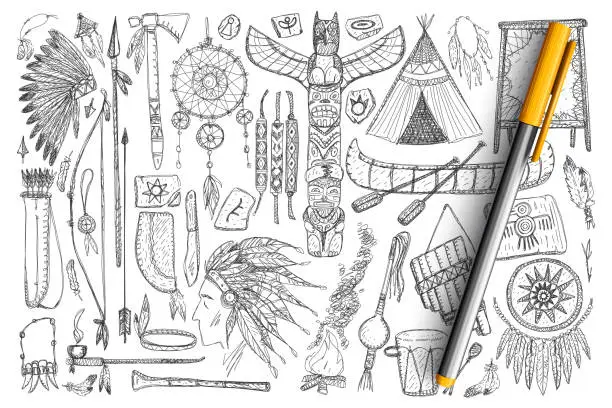 Vector illustration of Accessories if Native Americans doodle set