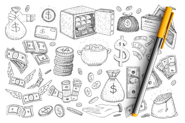 Money and finance doodle set Money and finance doodle set. Collection of hand drawn safe, sacks with cash, coins, dollars, american currency in stacks and heaps isolated on transparent background. Illustration of wealth concept budget drawings stock illustrations