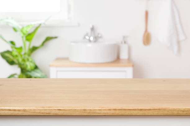 istock Blurred modern minimalistic bathroom with vessel sink in on countertop 1296450285
