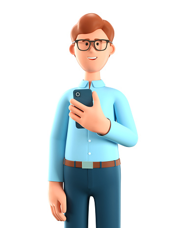 3D illustration of man holding a smartphone. Close up portrait of cartoon smiling businessman using phone, isolated on white background. Communication in social networking, mobile connection.