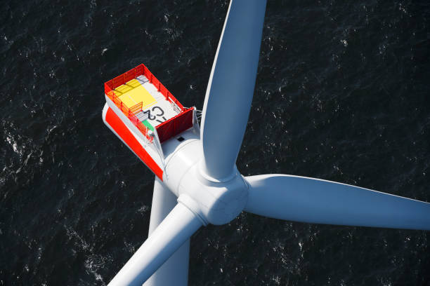 Alternative energy Aerial view of offshore windmill park at sea. offshore wind farm stock pictures, royalty-free photos & images