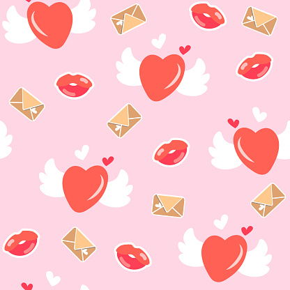 Romantic seamless pattern with red lips heart shape wings envelop pink background love valentine card fabric print