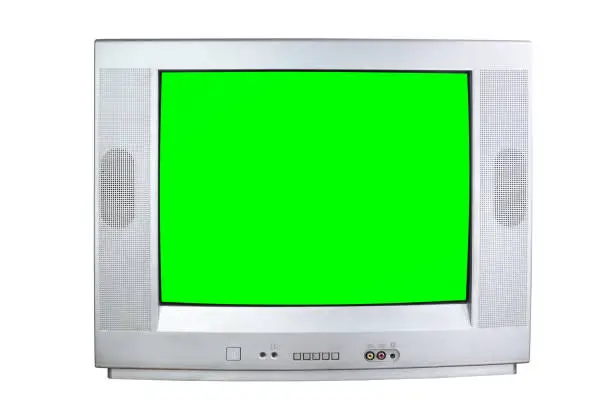 Old silver vintage green screen TV for adding new images to the screen. Isolated on white background.