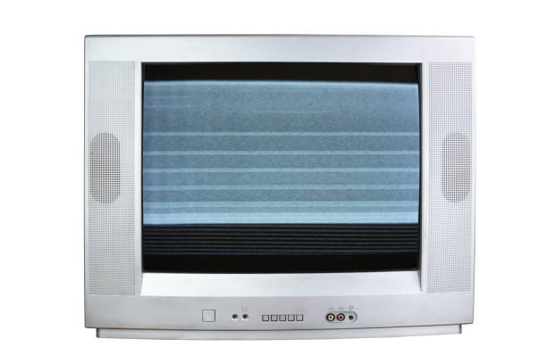 istock Old vintage silver TV set from 1980s, 1990s, 2000s with noise and interference on the screen isolated on white background. 1296450709