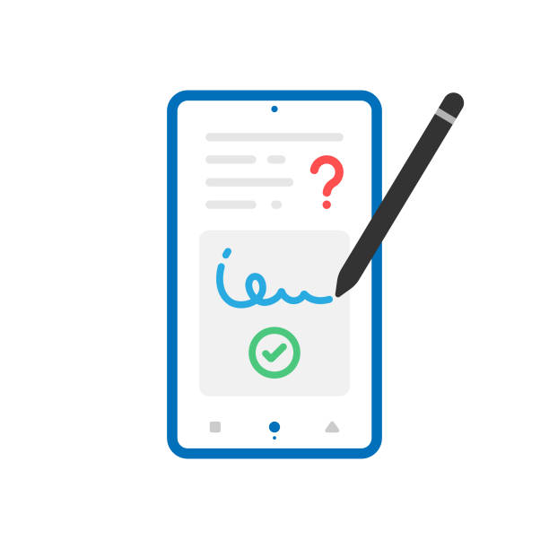 ikona podpisu cyfrowego. ekran inteligentnego telefonu na digital signature concept flat design. - smart phone writing assistance business stock illustrations