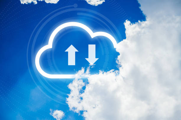 istock Cloud icons and effects in the clear sky. Downloading and uploading data. Storage technology concept. 1296456712