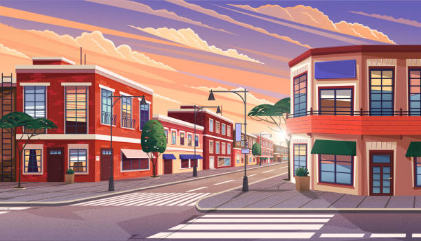 ilustrações de stock, clip art, desenhos animados e ícones de street of town at morning - fachada loja
