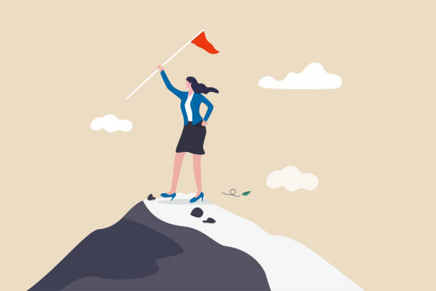Success businesswoman, female leadership to achieve business target or gender equality embracing lady power concept, success confidence businesswoman holding winner flag on top of mountain peak. Success businesswoman, female leadership to achieve business target or gender equality embracing lady power concept, success confidence businesswoman holding winner flag on top of mountain peak. gender equality stock illustrations