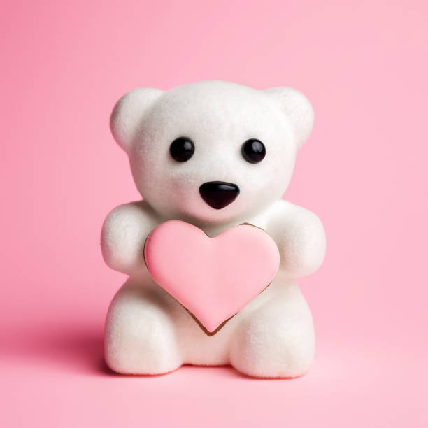 White teddy bear holding a heart shaped cookie on pink background