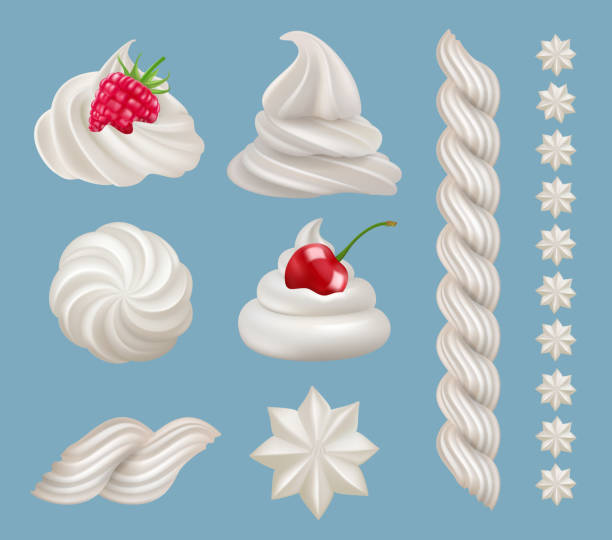Cream swirls. Food liquid cream with fruits top of cakes decent vector realistic templates Cream swirls. Food liquid cream with fruits top of cakes decent vector realistic templates. Cream swirl, milk dairy twirl spiral illustration icing stock illustrations