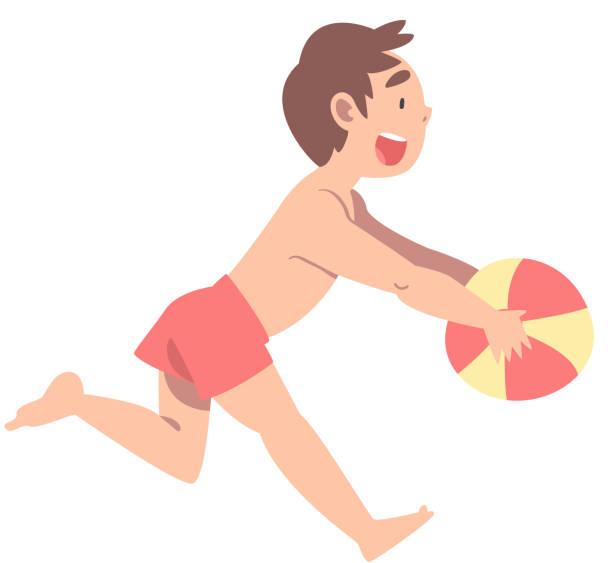 ilustrações de stock, clip art, desenhos animados e ícones de cute boy playing with ball, adorable child having fun on beach on summer holidays cartoon vector illustration - preschooler playing family summer