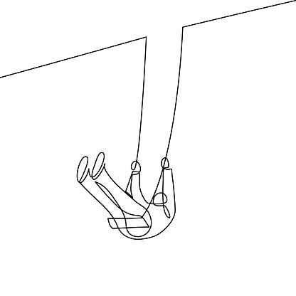 Man swinging on a swing in continuous line art drawing style. Black linear sketch isolated on white background. Vector illustration