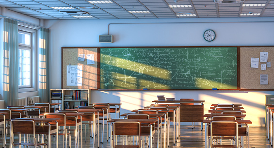 interior of a school classroom with wooden desks and chairs. nobody around. 3d render