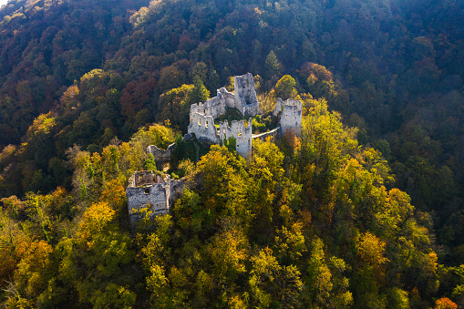 Medieval fortress ruins and forest in Samobor, Croatia, view from drone in autumn