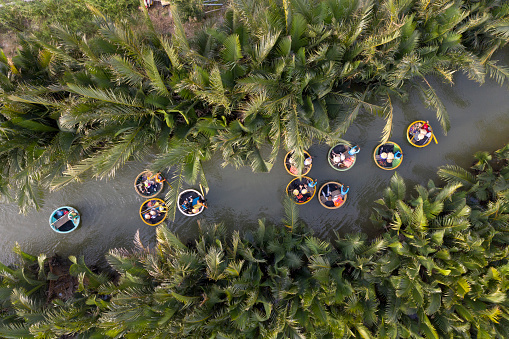 Vista aérea, los turistas en la cesta de barcos recorren el bosque de agua de coco (palma de manglar) en el pueblo de Cam Thanh, Hoi An, Quang Nam, Vietnam photo