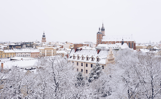 View over Zagreb during winter with snow with view to towers of church and cathedral at a sunny day, Zagreb, Croatia, Europe