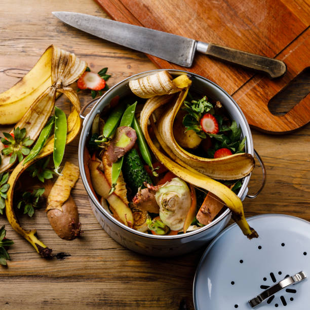 istock Compost Bucket and Bio waste trash Cooking process on wooden background 1296464940