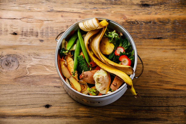 istock Compost Bucket and Bio waste trash on wooden background 1296464951