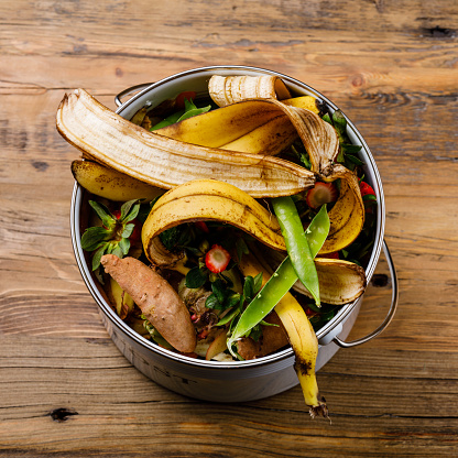 Compost Bucket and Bio waste trash on wooden background