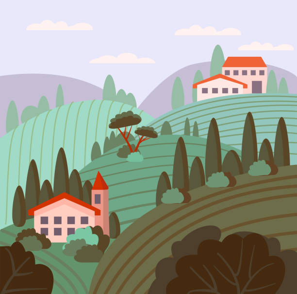 귀여운 이탈리아 풍경. 플랫 스타일로 벡터 그림. 토스카나의 포도원은 빈티지 스타일로 그려져 있습니다. 와인 라벨, 포스터, 엽서, 디자인 및 장식용. - italy landscape tuscany retro revival stock illustrations