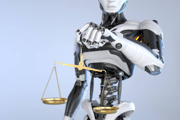 Robot android holding a Scales of Justice stock photo