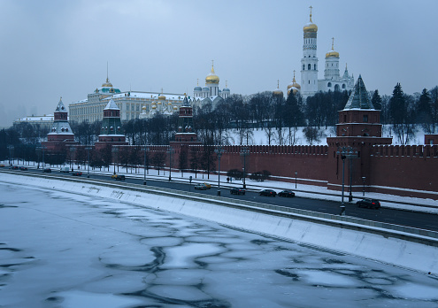 View of the Grand Kremlin Palace and the Kremlin on a winter evening