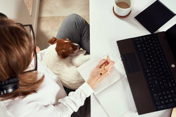 istock Remote work. Online cources, distance education and e learning concept. Woman in headphones listen audio course at laptop 1296470555