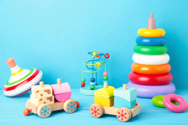 istock Children's toys collection on a blue background. 1296473400