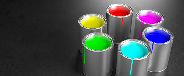 Paint pots building a color wheel with the RGB primary colors of the additive color model (Red, green, blue) used for monitors and the CMY process colors of the subtractive color model (cyan, magenta, yellow) used for printing. Color stains on the pots. las ollas de pintura que construyen una rueda de color con los colores primarios rgb del modelo de color aditivo (rojo, verde, azul) utilizados para los monitores y los colores de proceso cmy del modelo de color sustractivo (cian, magenta, amarillo) utiliz