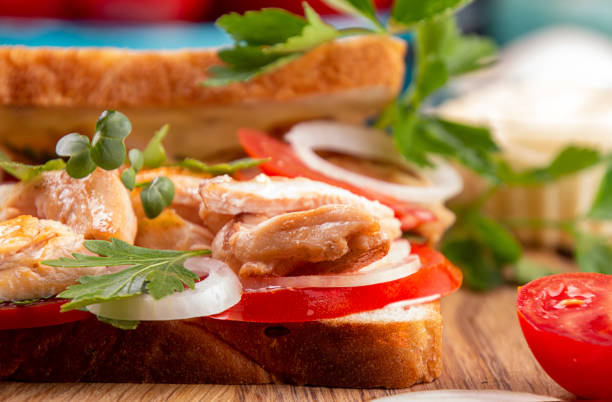 Sandwiches with chicken meat, cherry tomato, onion and chicken meat, marinated cucumbers, mozzarella cheese on  black background. copy space