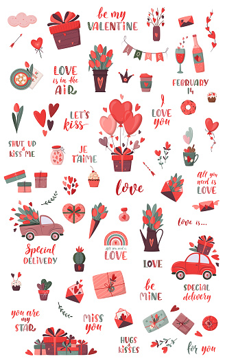 Huge set of romantic elements. Valentine's day, birthday or wedding concept. Love, Romantic vector illustration in flat cartoon style. For card, flyer, banner, invitation, gift certificate.
