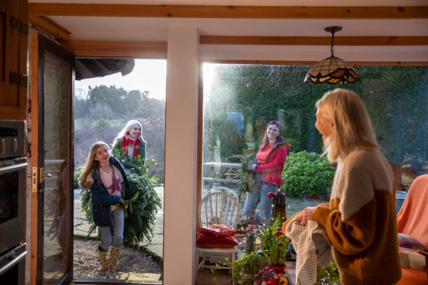Look What We Have Grandma A front view of a mother and her daughters fetching the Christmas tree into the house where their grandmother is waiting full of joy and Christmas excitement. 12 17 months stock pictures, royalty-free photos & images
