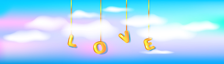 Golden 3D text Love flying in the blue sky. Holiday banner for Valentine's day, Wedding, Mother's Day