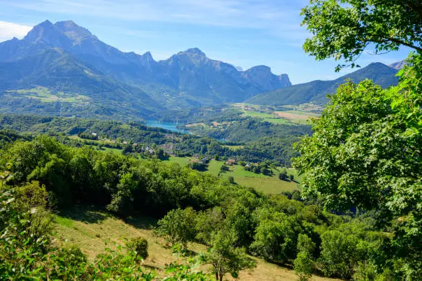 Panoramic view on Grande tete de Obiou mountain range in French Prealps in Isere near Grenoble, highest peak of Devoluy Mountains in summer