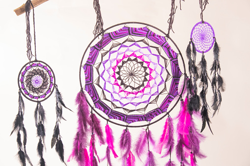 Studio shot dreamcatcher made of pink and purple feathers