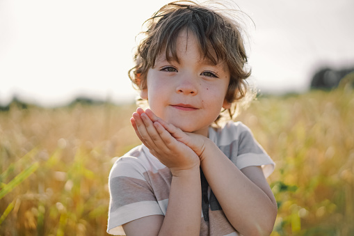 Little Boy praying in a field wheat.