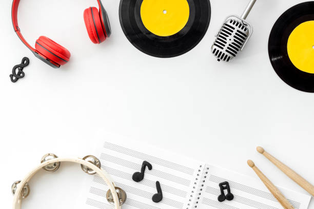 istock Background music flat design - instruments, microphone and headphones, top view 1296482452