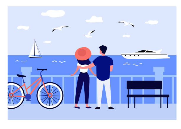 ilustrações de stock, clip art, desenhos animados e ícones de couple enjoying vacation - men beach back rear view