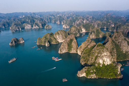 Aerial view of Floating fishing village in Lan Ha Bay, Vietnam. UNESCO World Heritage Site. Near Ha Long bay