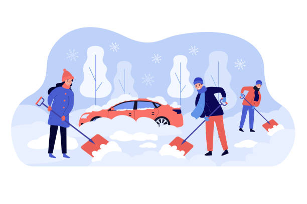 Positive people cleaning backyard area after snowy storm Positive people cleaning backyard area after snowy storm flat vector illustration. Cartoon men and woman removing snow from buried car. Winter activities and season concept shovel stock illustrations